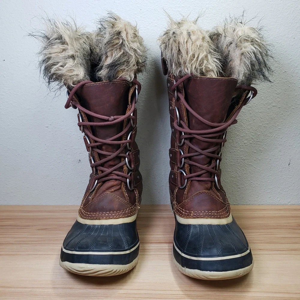 Sorel Joan Of Arctic Waterproof Winter Boots Fur Trim Tall Brown Cabincore Sz 8